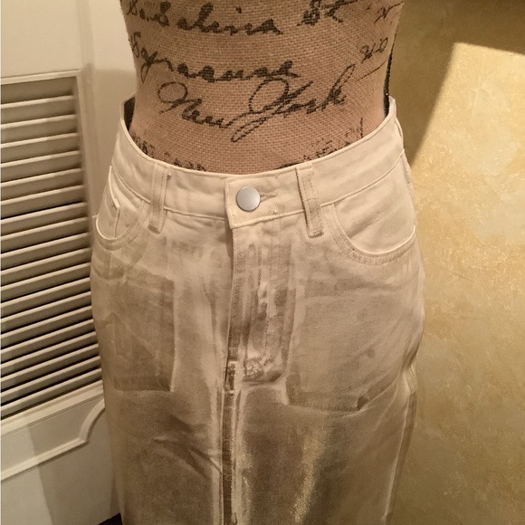 Metallic gold front silt midi denim skirt. - Picture 2 of 5